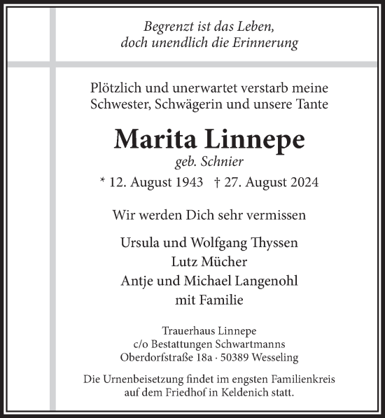 Anzeige von Marita Linnepe von  Schlossbote/Werbekurier 