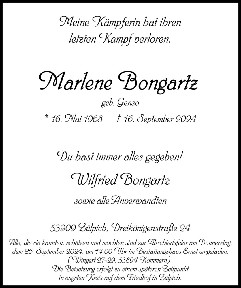  Traueranzeige für Marlene Bongartz vom 21.09.2024 aus  Blickpunkt Euskirchen 