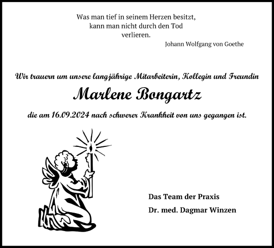 Anzeige von Marlene Bongartz von Kölner Stadt-Anzeiger / Kölnische Rundschau / Express