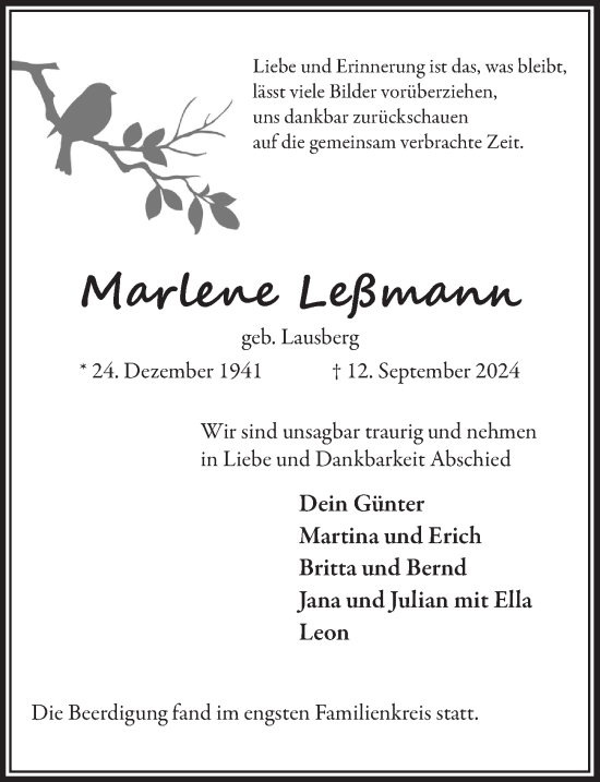 Anzeige von Marlene Leßmann von  Anzeigen Echo 