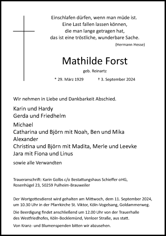 Anzeige von Mathilde Forst von Kölner Stadt-Anzeiger / Kölnische Rundschau / Express