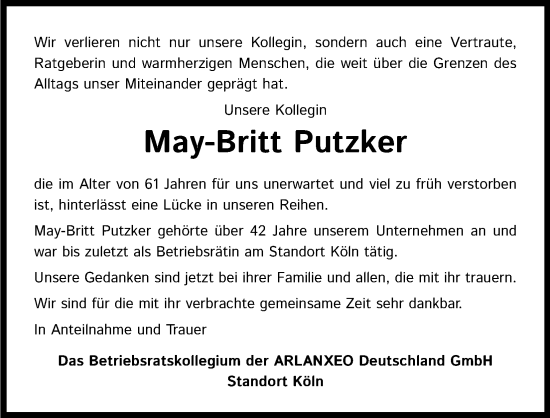 Anzeige von May-Britt Putzker von Kölner Stadt-Anzeiger / Kölnische Rundschau / Express