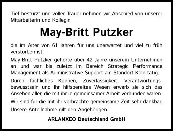 Anzeige von May-Britt Putzker von Kölner Stadt-Anzeiger / Kölnische Rundschau / Express