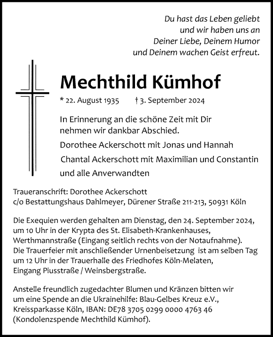 Anzeige von Mechthild Kümhof von Kölner Stadt-Anzeiger / Kölnische Rundschau / Express