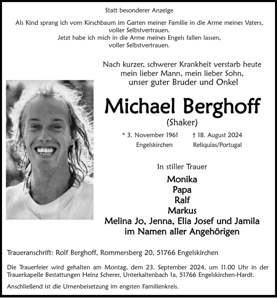 Anzeige von Michael Berghoff von  Anzeigen Echo 