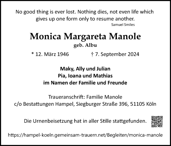 Anzeige von MonicaMargareta Manole von Kölner Stadt-Anzeiger / Kölnische Rundschau / Express