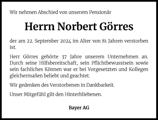 Anzeige von Norbert Görres von Kölner Stadt-Anzeiger / Kölnische Rundschau / Express