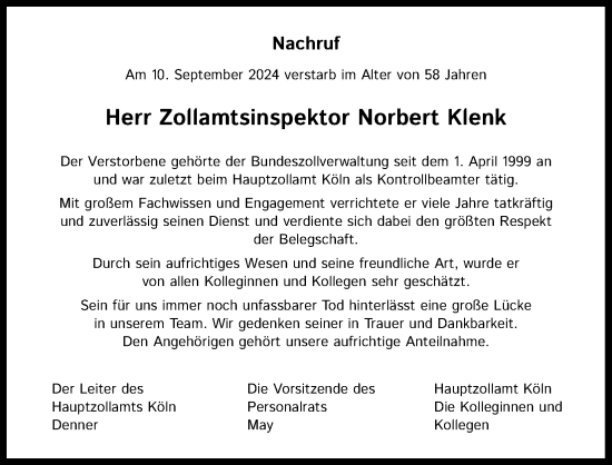 Anzeige von Norbert Klenk von Kölner Stadt-Anzeiger / Kölnische Rundschau / Express