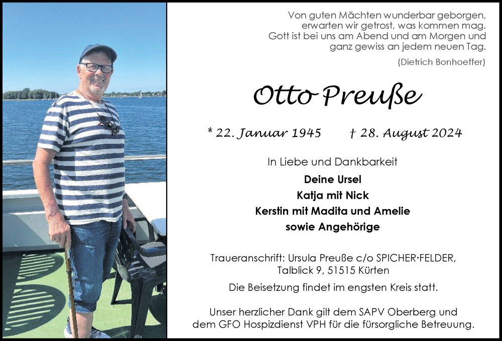 Traueranzeige für Otto Preuße vom 06.09.2024 aus  Bergisches Handelsblatt  Anzeigen Echo 