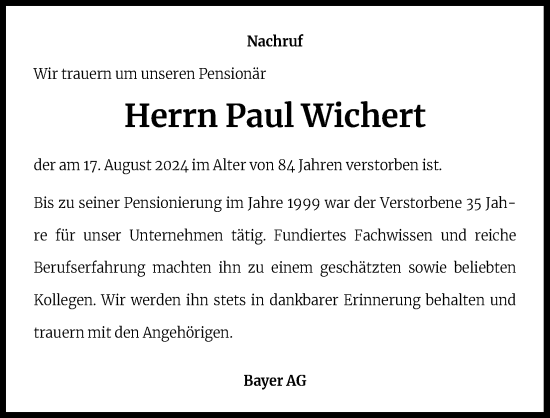 Anzeige von Paul Wichert von Kölner Stadt-Anzeiger / Kölnische Rundschau / Express