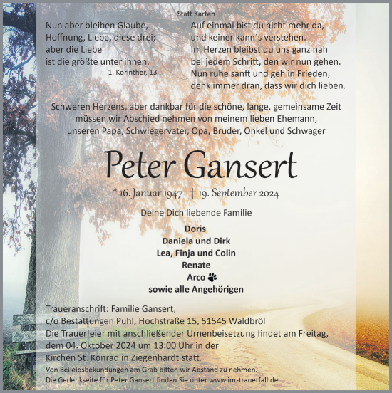 Anzeige von Peter Gansert von  Lokalanzeiger 