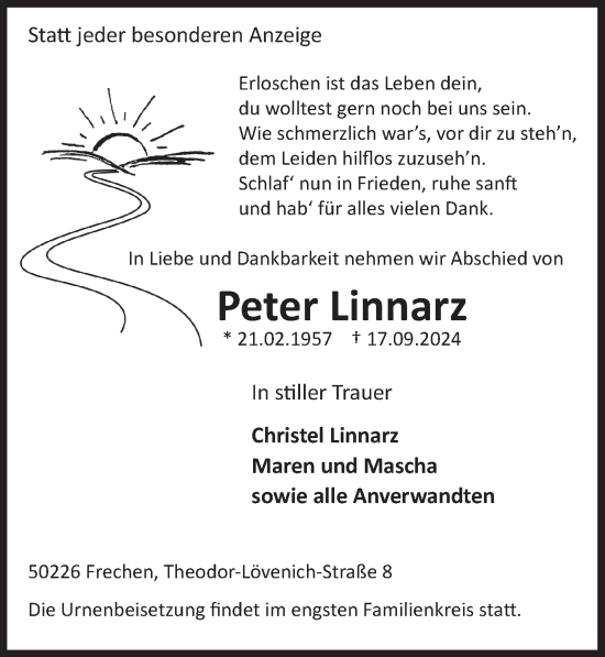 Anzeige von Peter Linnarz von  Wochenende 