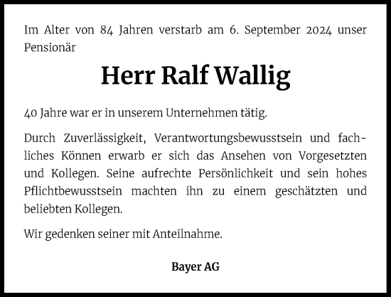 Anzeige von Ralf Wallig von Kölner Stadt-Anzeiger / Kölnische Rundschau / Express