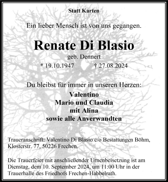 Anzeige von Renate Di Blasio von  Wochenende 