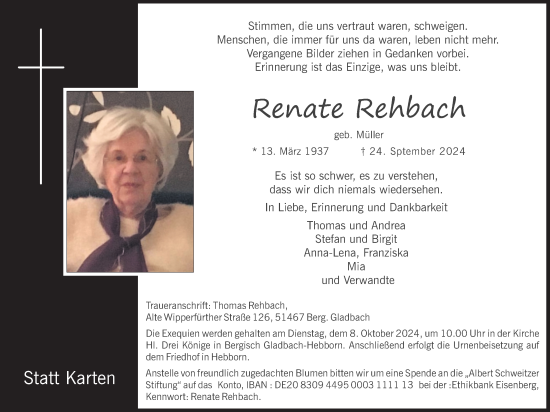 Anzeige von Renate Rehbach von Kölner Stadt-Anzeiger / Kölnische Rundschau / Express