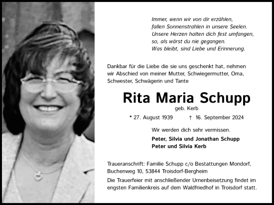 Anzeige von Rita Maria Schupp von Kölner Stadt-Anzeiger / Kölnische Rundschau / Express