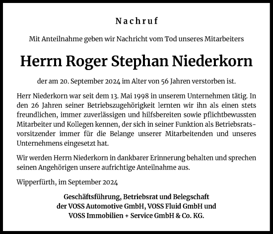 Anzeige von Roger Stephan Niederkorn von Kölner Stadt-Anzeiger / Kölnische Rundschau / Express
