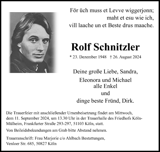 Anzeige von Rolf Schnitzler von Kölner Stadt-Anzeiger / Kölnische Rundschau / Express