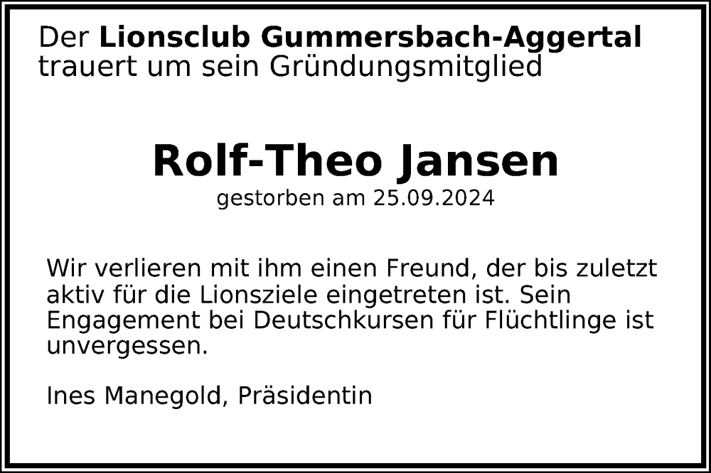  Traueranzeige für Rolf-Theo Jansen vom 28.09.2024 aus Kölner Stadt-Anzeiger / Kölnische Rundschau / Express