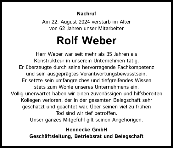 Anzeige von Rolf Weber von Kölner Stadt-Anzeiger / Kölnische Rundschau / Express