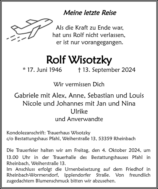 Anzeige von Rolf Wisotzky von  Schaufenster/Blickpunkt 