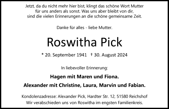 Anzeige von Roswitha Pick von  Lokalanzeiger 