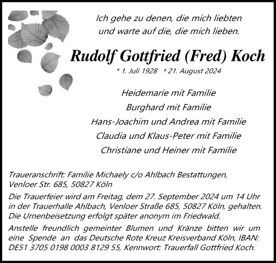 Anzeige von Rudolf Koch von Kölner Stadt-Anzeiger / Kölnische Rundschau / Express