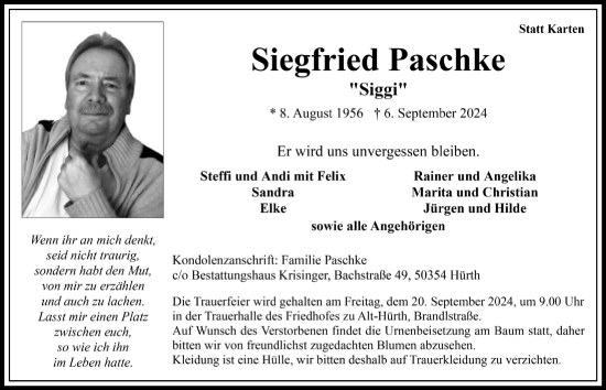Anzeige von Siegfried Paschke von  Wochenende 