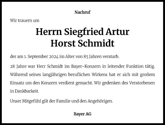 Anzeige von Siegfried Artur Horst Schmidt von Kölner Stadt-Anzeiger / Kölnische Rundschau / Express