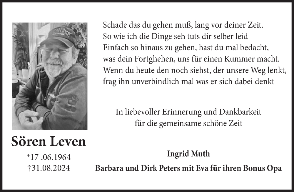  Traueranzeige für Sören Leven vom 13.09.2024 aus  Werbepost 