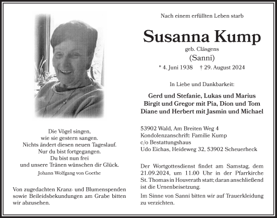 Anzeige von Susanna Kump von  Blickpunkt Euskirchen 