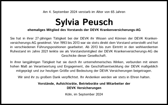 Anzeige von Sylvia Peusch von Kölner Stadt-Anzeiger / Kölnische Rundschau / Express