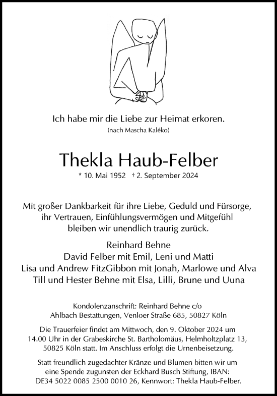 Anzeige von Thekla Haub-Felber von Kölner Stadt-Anzeiger / Kölnische Rundschau / Express