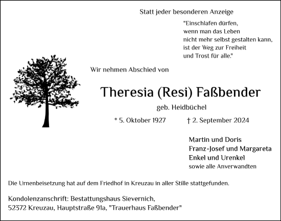 Anzeige von Theresia  Faßbender von  Blickpunkt Euskirchen 