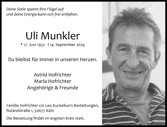 Anzeige von Uli Munkler von Kölner Stadt-Anzeiger / Kölnische Rundschau / Express