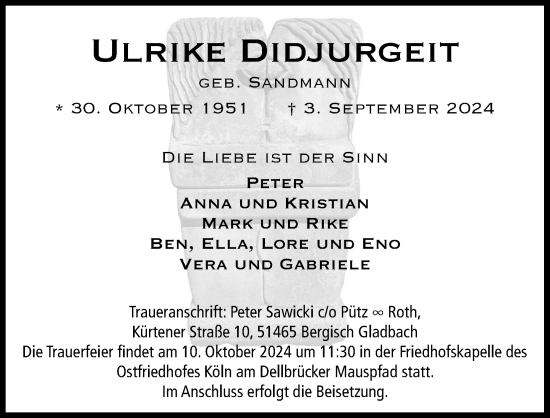 Anzeige von Ulrike Didjurgeit von Kölner Stadt-Anzeiger / Kölnische Rundschau / Express