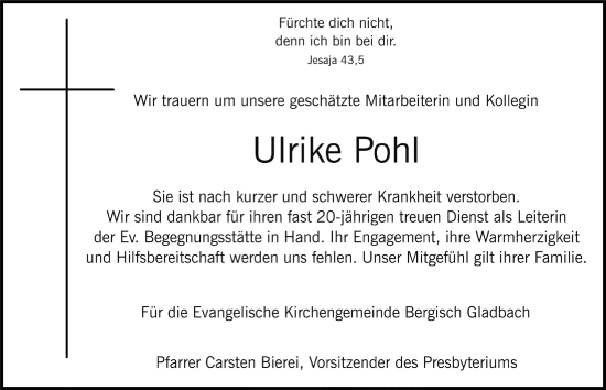 Anzeige von Ulrike Pohl von  Bergisches Handelsblatt 