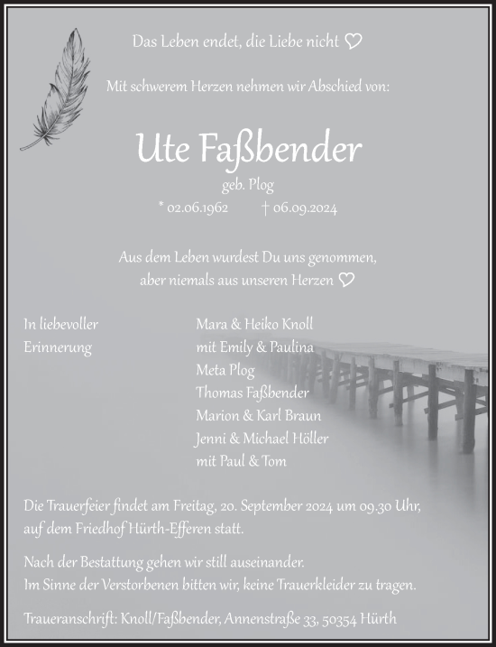 Anzeige von Ute Faßbender von  Wochenende 