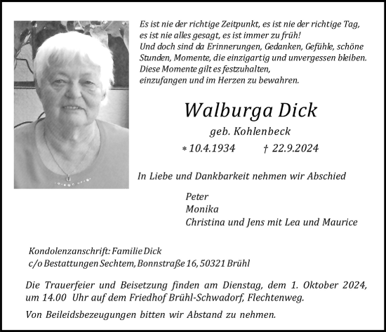 Anzeige von Walburga Dick von  Schlossbote/Werbekurier 