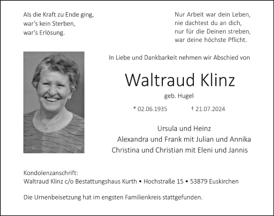 Anzeige von Waltraud Klinz von  Blickpunkt Euskirchen 
