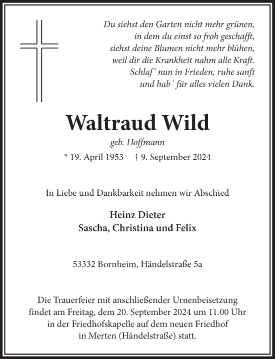 Anzeige von Waltraud Wild von  Schaufenster/Blickpunkt  Schlossbote/Werbekurier 