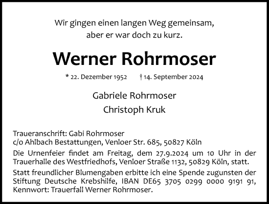 Anzeige von Werner Rohrmoser von Kölner Stadt-Anzeiger / Kölnische Rundschau / Express