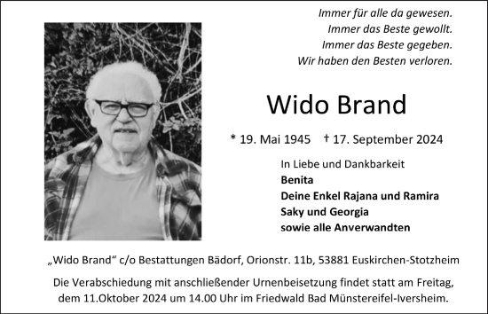 Anzeige von Wido Brand von  Blickpunkt Euskirchen 