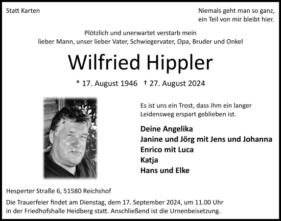 Anzeige von Wilfried Hippler von  Anzeigen Echo  Lokalanzeiger 