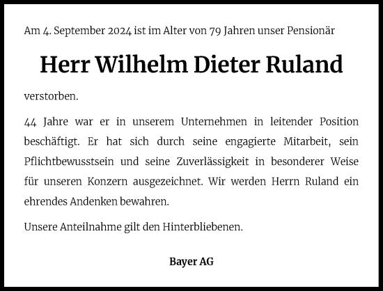 Anzeige von Wilhelm Dieter Ruland von Kölner Stadt-Anzeiger / Kölnische Rundschau / Express