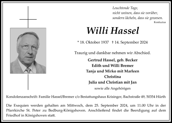 Anzeige von Willi Hassel von  Werbepost 