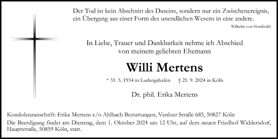 Anzeige von Willi Mertens von Kölner Stadt-Anzeiger / Kölnische Rundschau / Express