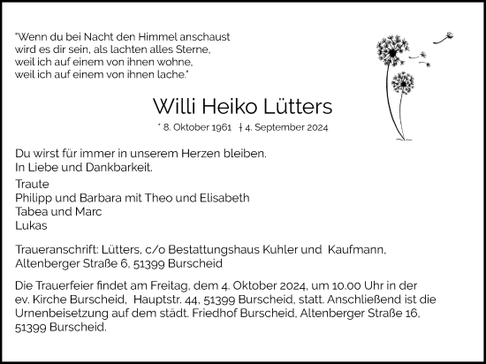 Anzeige von Willi Heiko Lütters von Kölner Stadt-Anzeiger / Kölnische Rundschau / Express