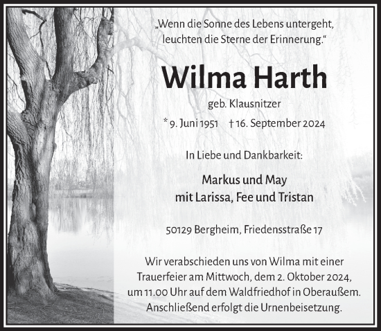Anzeige von Wilma Harth von  Werbepost 