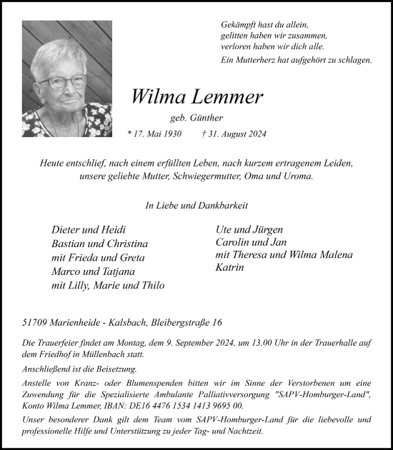Anzeige von Wilma Lemmer von  Anzeigen Echo 